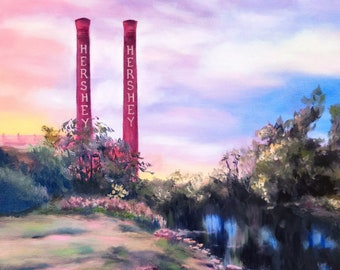 Hershey, PA chocolate factory smoke stacks at sunset: oil painting print, wall art - art print