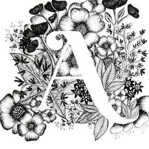 Letter A print - Alphabet, Calligraphy, Typography, Monogram, Flowers - Black and White ink art print