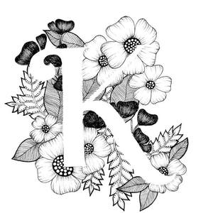 Letter K print Alphabet, Calligraphy, Typography, Monogram, Flowers Black and White ink art print image 1