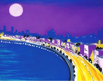 Queen&#39;s Necklace, Marine Drive, Mumbai, India - Inktober 2019 Travel series, posca markers - art print