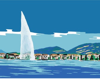 Jet d'Eau, Lac Leman, Geneva, Switzerland - Inktober 2019 Travel series, posca markers - art print