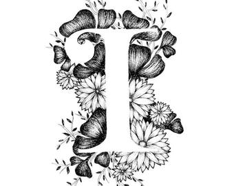 Letter I print - Alphabet, Calligraphy, Typography, Monogram, Flowers - Black and White ink art print