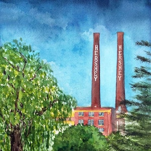 Hershey, PA chocolate factory smoke stacks: watercolor, wall art - art print