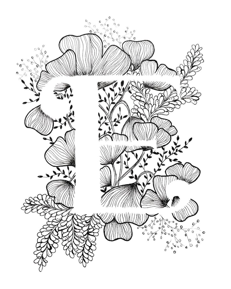 Letter E Print - Alphabet, Calligraphy, Typography, Monogram, Flowers ...