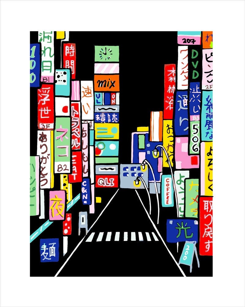 Street at night, Tokyo, Japan - Inktober 2019 Travel series, posca markers - art print