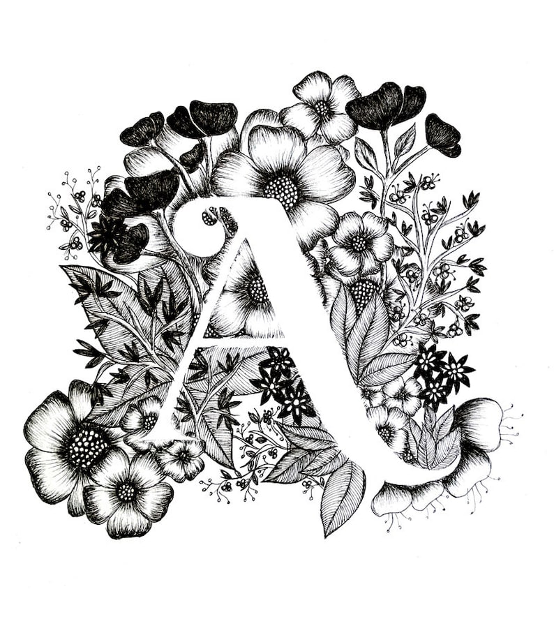 Letter A print Alphabet, Calligraphy, Typography, Monogram, Flowers Black and White ink art print image 1