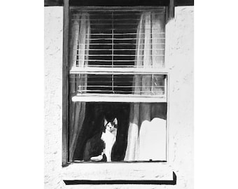 Cat in a window with curtains - shadow - art print, gouache, from Gouachetober 2021 series