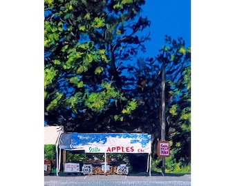 Stand de ferme - pommes - Hershey Farm Market - tirage d’art, gouache, de la série Gouachetober 2021