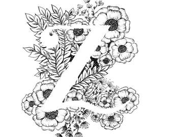 Letter Z print - Alphabet, Calligraphy, Typography, Monogram, Flowers - Black and White ink art print