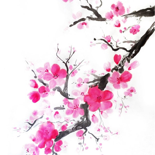 Sumi-e cherry blossoms painting - art print