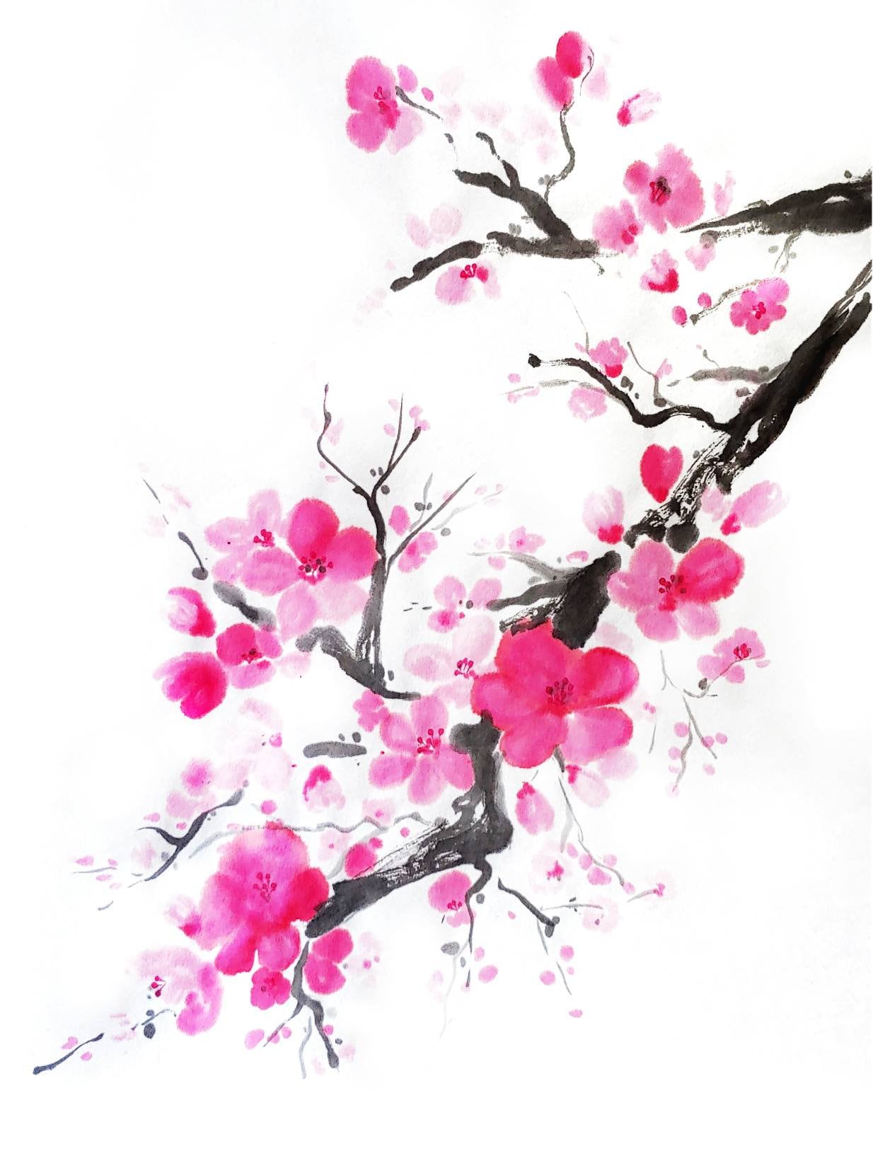 Sumie Cherry Blossoms Painting Art Print Etsy