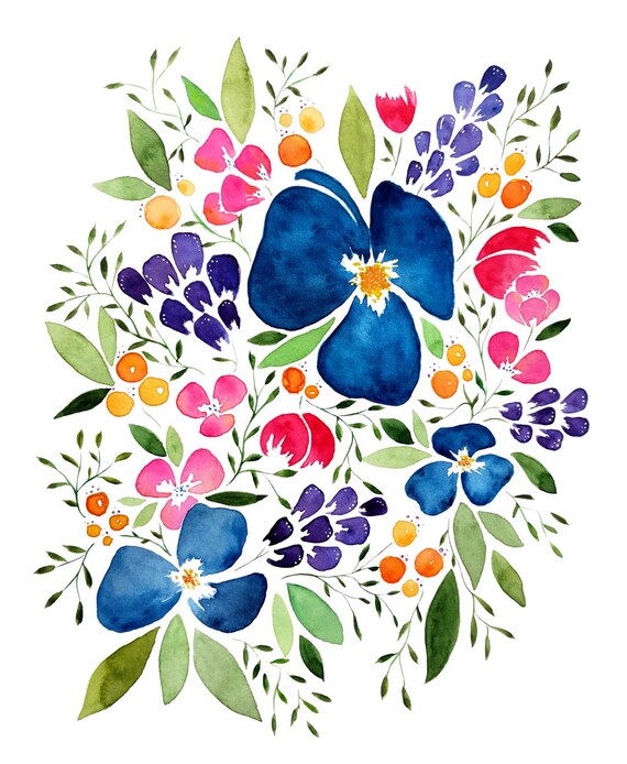 Whimsical Flowers Watercolour Painting Blue Art Print Etsy Whimsical Flowers Watercolour Painting Blue Art Print Etsy
