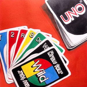 Juego de cartas, vintage - retro, años 80, pintura acrílica original, 8x8"