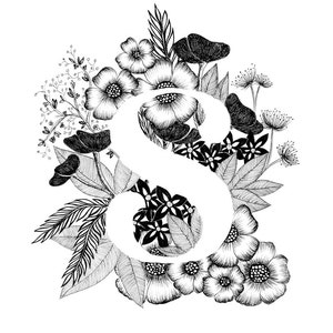 Letra S print - Alfabeto, Caligrafía, Tipografía, Monograma, Flores - Impresión artística en tinta en blanco y negro