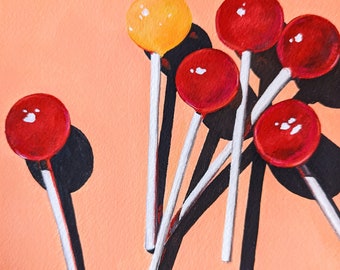 Lollipops - red on peach, original gouache painting, pop art, 6x6"