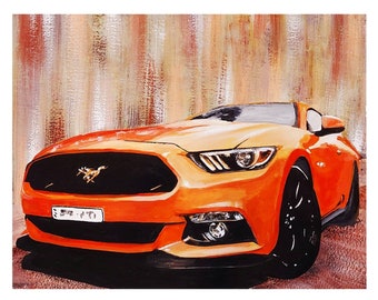 Ford Mustang, orange, cars, cool: gouache, wall art - art print