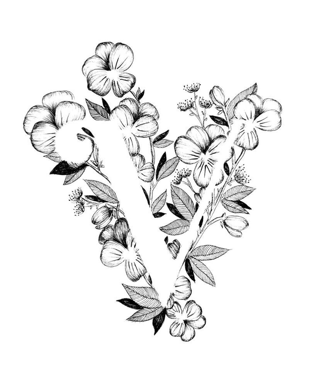 Letter V Print Alphabet, Calligraphy, Typography, Monogram, Flowers