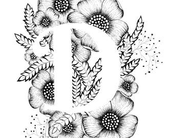 Letter D print - Alphabet, Calligraphy, Typography, Monogram, Flowers - Black and White ink art print