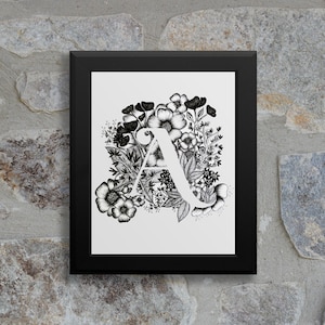 Letter A print Alphabet, Calligraphy, Typography, Monogram, Flowers Black and White ink art print image 2