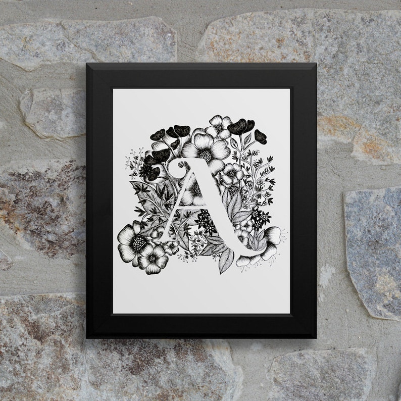 Letter A print Alphabet, Calligraphy, Typography, Monogram, Flowers Black and White ink art print image 2
