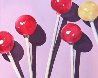 Lollipops - red on lavender, original gouache painting, pop art, 6x6"