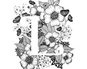 Letter L print (dark flowers) - Alphabet, Calligraphy, Typography, Monogram, Flowers - Black and White ink art print