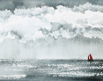 Rainy clouds - landscape, boat, seascape: watercolor, wall art, art print