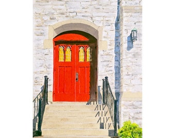 Église à porte rouge - Première église méthodiste unie, Hershey - ombre - impression d’art, gouache, de la série Gouachetober 2021