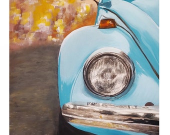Volkswagen Beetle, bug, blue, cars, classic: gouache, wall art - art print