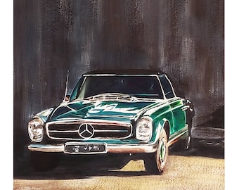 Mercedes 200 SL, green, emerald, cars, classic: gouache, wall art - art print