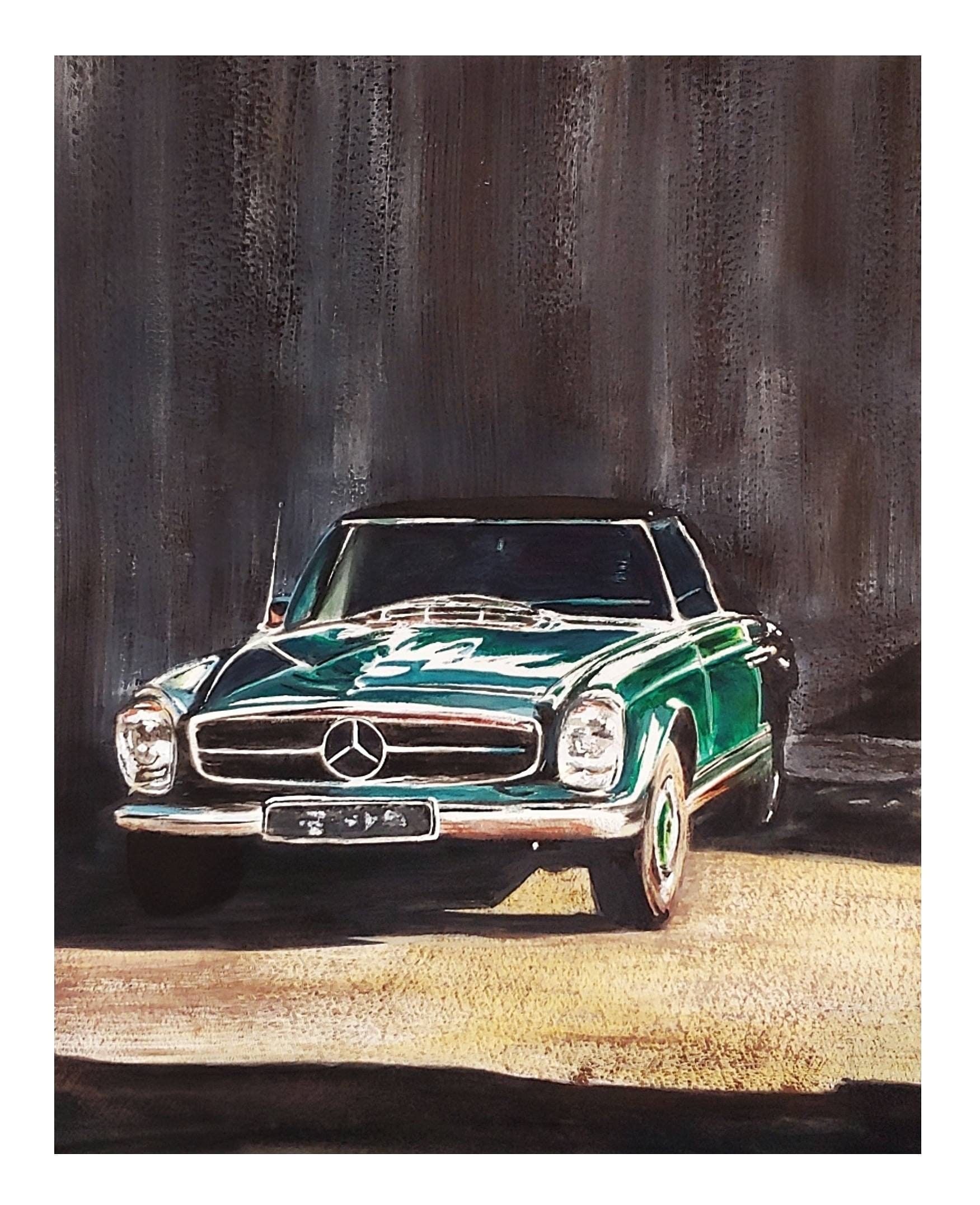 Mercedes 200 SL, Green, Emerald, Cars, Classic: Gouache, Wall Art
