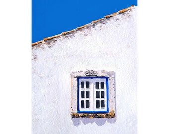 Single window on slanted building, blue sky - art print, gouache, from Gouachetober 2021 series