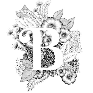 Letra B impresión - Alfabeto, Caligrafía, Tipografía, Monograma, Flores - Impresión artística en tinta blanca y negra