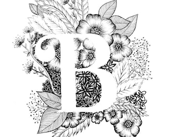 Letter B print - Alphabet, Calligraphy, Typography, Monogram, Flowers - Black and White ink art print