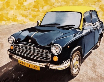 Hindustan Motors Ambassador taxi, cars, classic: gouache, wall art - art print