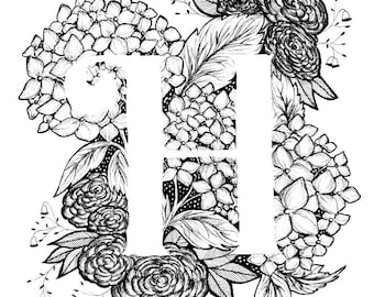 Letter H print - Alphabet, Calligraphy, Typography, Monogram, Flowers - Black and White ink art print