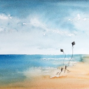 Flying kites at the beach - landscape, kids, seascape: watercolor, wall art, art print