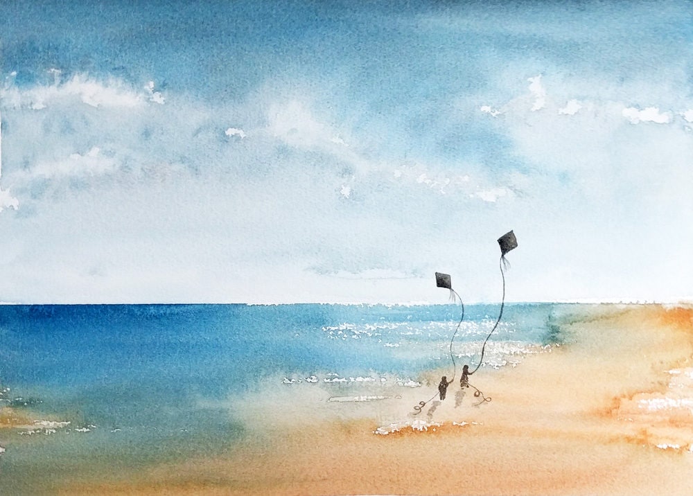 ビーチで凧揚げ - 風景、子供、海景：水彩画、壁画、アートプリント