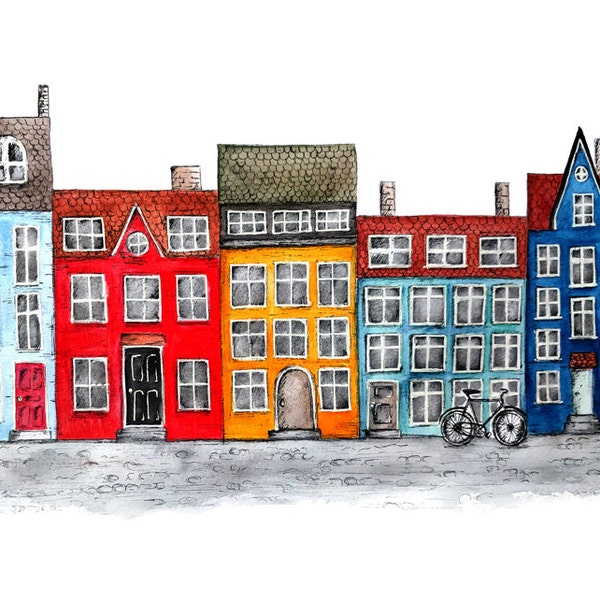 Danish row houses, Nyhavn, Copenhagen: watercolor and pen and ink, wall art - art print