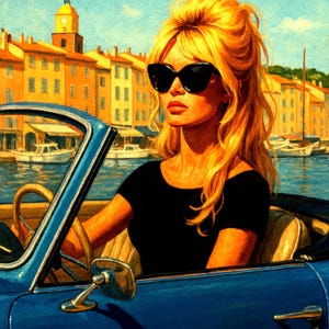 May include: A retro travel poster reading "SAINT-TROPEZ". It features a woman with blonde hair and sunglasses in a blue convertible car. The background shows a harbour with boats and buildings, evoking a sense of travel.