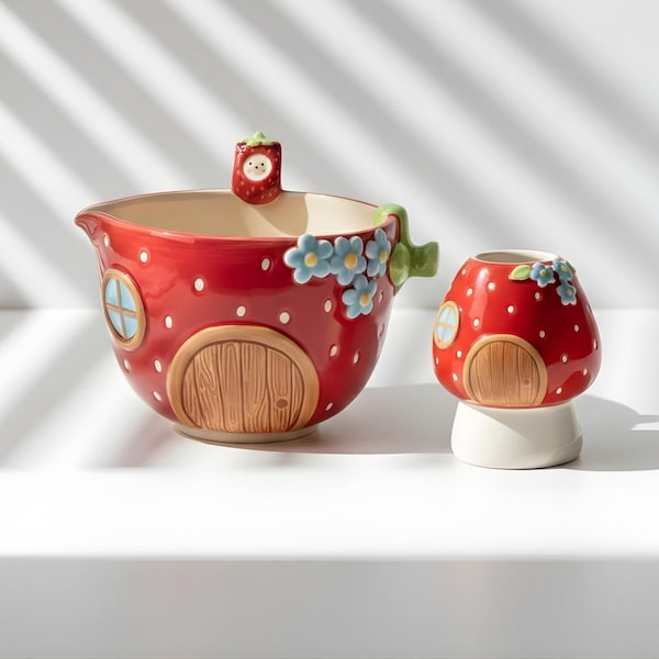 Strawberry Garden Matcha Set – Handmade Ceramic Chawan with Whisk Holder – For Matcha Lovers & Cozy Home Decor, Valentine Gift