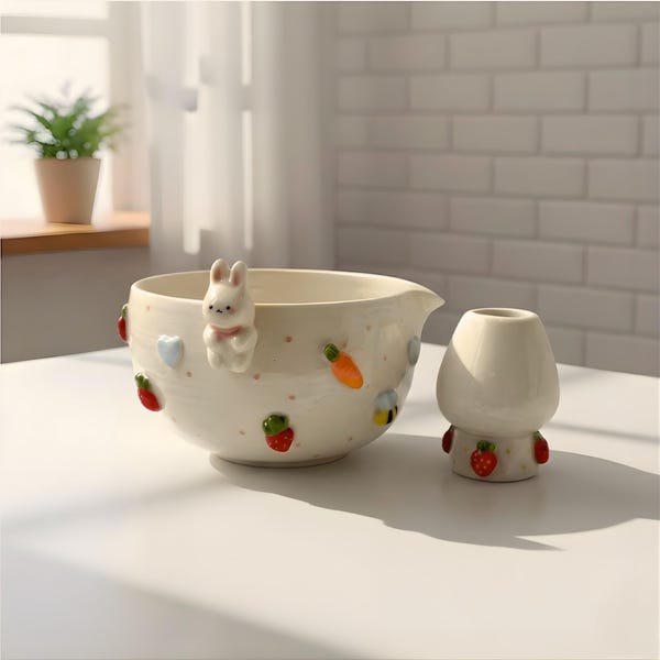 Handmade Bunny & Veggie Ceramic Bowl Set | Cute Rabbit Bowl | Cozy Cottagecore Bowl | Whimsical Handmade Ceramic Gift | Gift For Mom