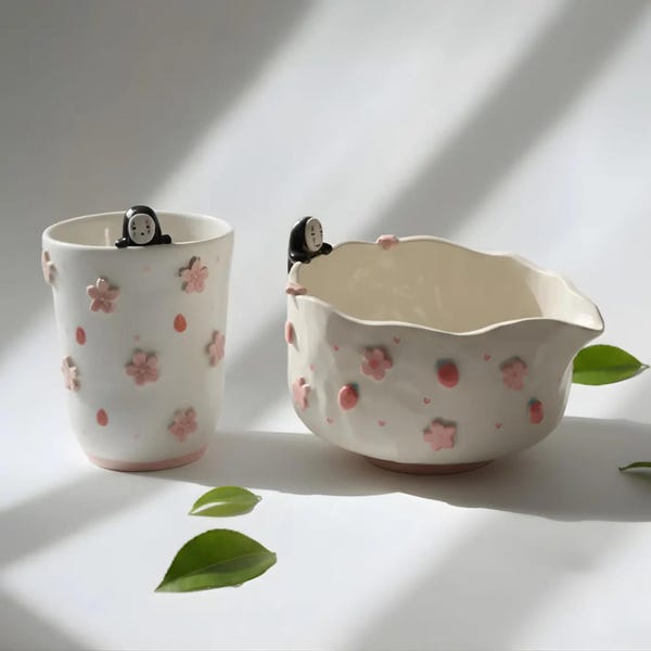 Handmade Sakura No-Face Ceramic Matcha Bowl, Studio Ghibli Tea Ceremony Chawan, Valentine Gift