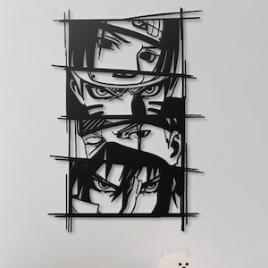 May include: A black metal wall art piece featuring a vertical arrangement of four stylized anime character faces separated by horizontal lines. The design showcases detailed line work depicting eyes, hair, and facial features in a graphic, cutout style.