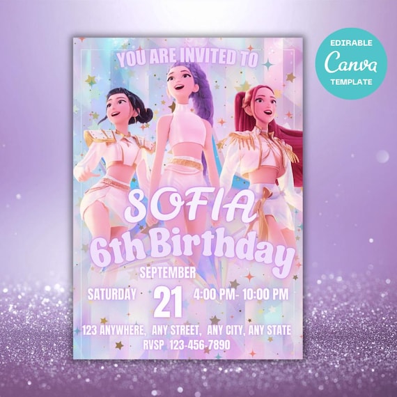 Invitation d'anniversaire Kpop Demon Hunters, modèle d'invitation