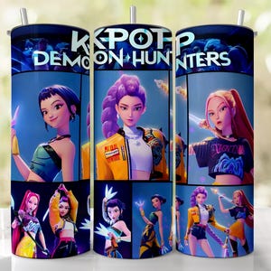 May include: A stainless steel tumbler featuring a vibrant design with the text "KPOP DEMON HUNTERS." The tumbler showcases stylized illustrations of anime-style characters in various poses, set against a blue background. The design includes a silver straw.
