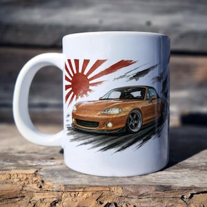 Taza Mazda MX-5 NB Miata JDM – Arte automovilístico japonés Sumi-e • Gráfico único frontal/posterior