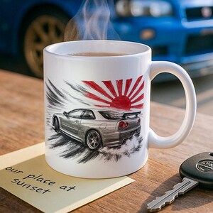 Nashorn Skyline Gt-R R34 JDM Tasse - Japanische Sumi-e-Autokunst • Einzigartige Vorder- / Rückseitengrafik