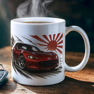 Taza JDM Mazda MX-5 ND Miata - Arte japonés Sumi-e • Gráfico único frontal y posterior