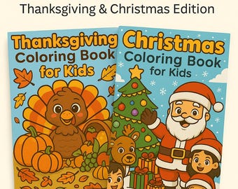 May include: A bundle of two children's coloring books. The covers feature illustrations for Thanksgiving and Christmas. The Thanksgiving book shows a cartoon turkey, pumpkins, and leaves. The Christmas book depicts Santa Claus, a Christmas tree, and presents. The text on the covers reads "Coloring Book for Kids."